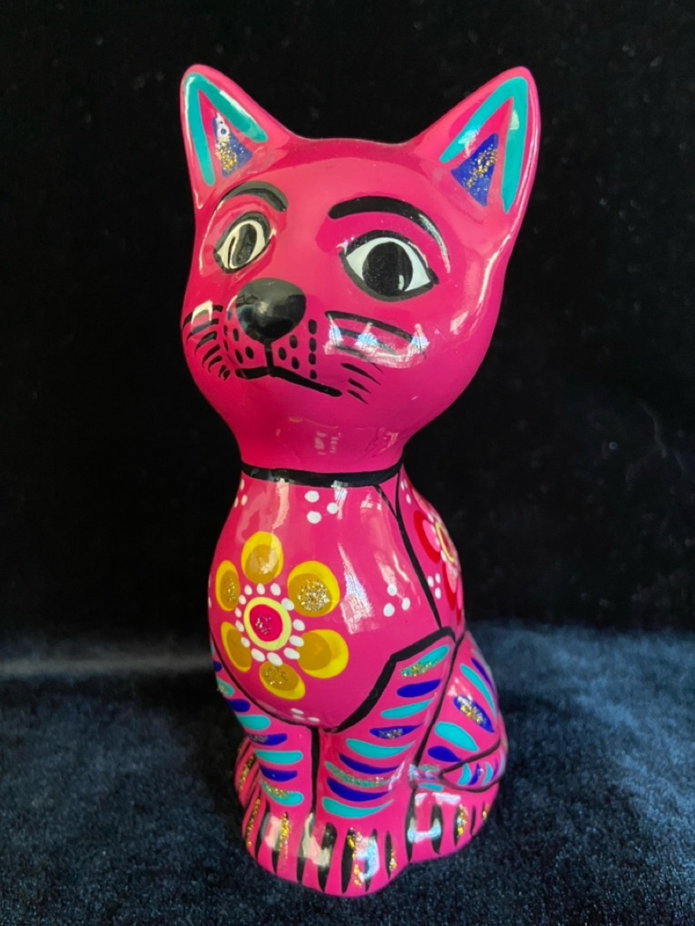 Hot Pink Talavera Pottery Colorful Floral CAT Figure Mexico
